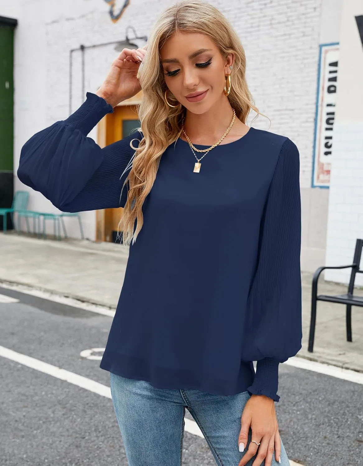 Aifer Womens Tops Dressy Casual Crew Neck Pleated Lantern Long Sleeve Work Shirts Chiffon Blouses Fashion 2025