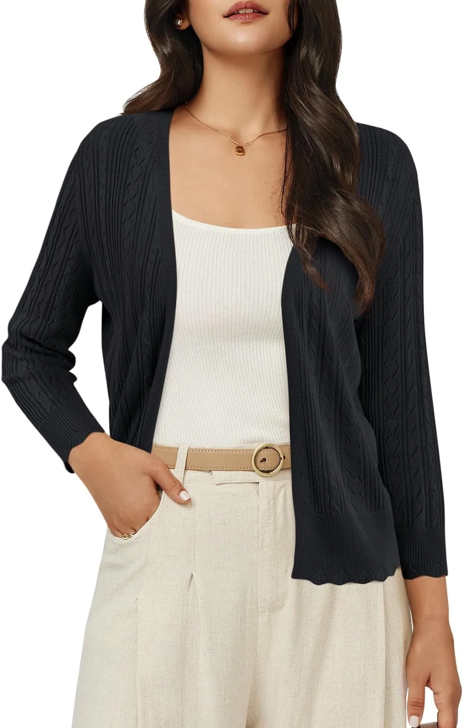 Arach&Cloz Women's 2024 Lightweight Summer Cardigan 3/4 Sleeve Crochet Patterns Knit Shrug Sweater Tops