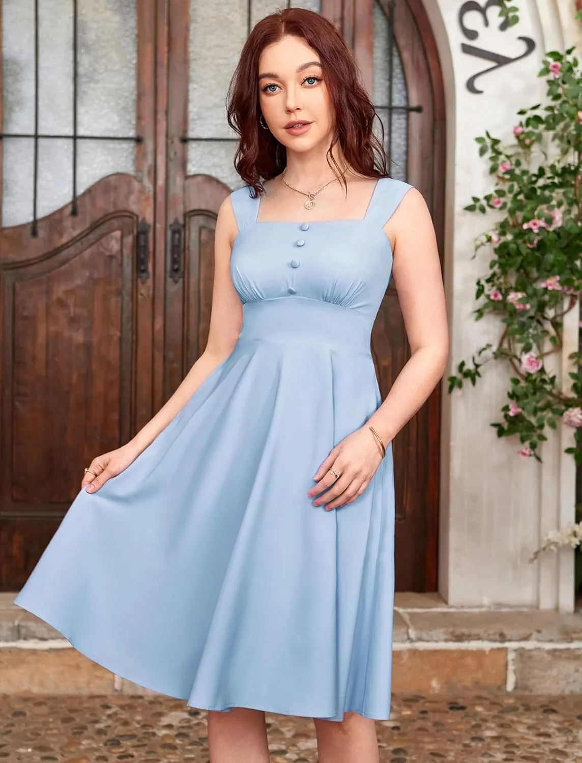 Belle Poque Square Neck Sundress for Women A Line Midi Dress Summer Cocktail Tea Party Dress with Pockets