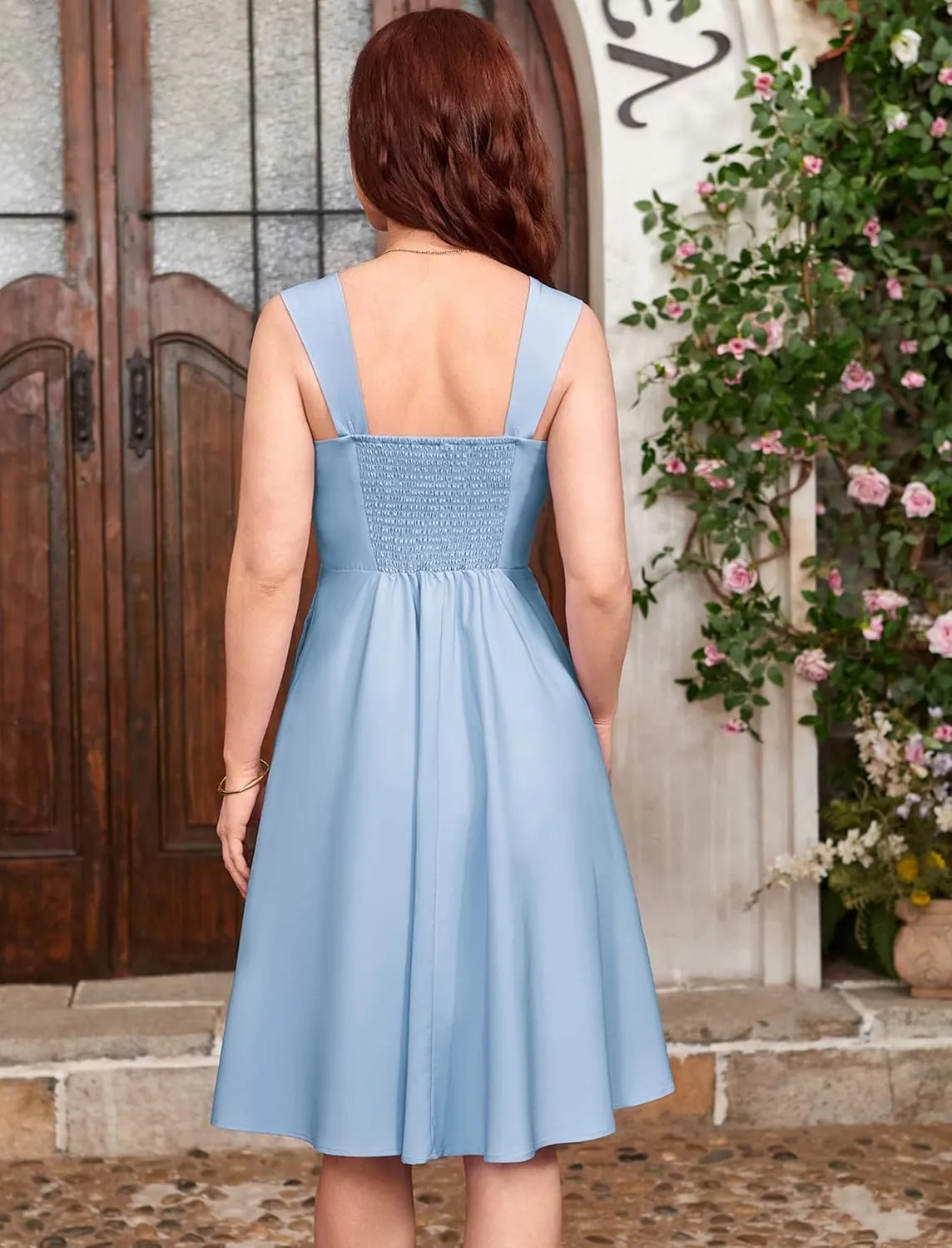 Belle Poque Square Neck Sundress for Women A Line Midi Dress Summer Cocktail Tea Party Dress with Pockets
