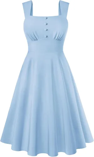 Belle Poque Square Neck Sundress for Women A Line Midi Dress Summer Cocktail Tea Party Dress with Pockets