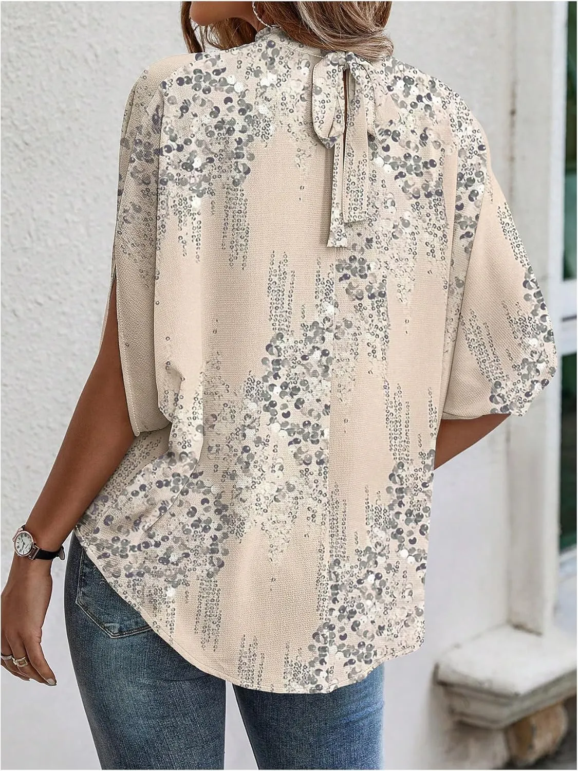 GORGLITTER Women's Casual Tie Back Dolman Sleeve Mock Neck Blouse Graphic Asymmetrical Tops