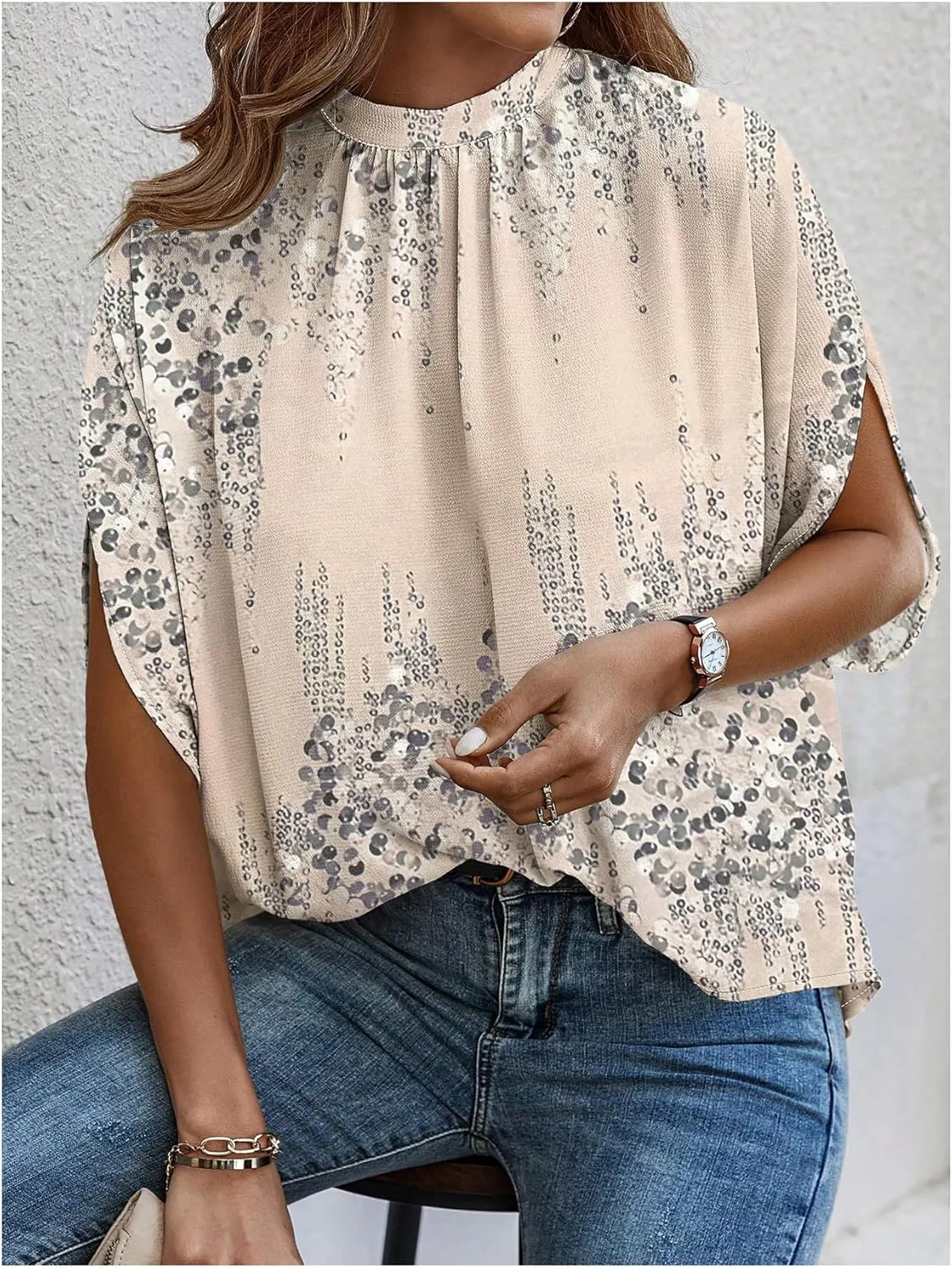 GORGLITTER Women's Casual Tie Back Dolman Sleeve Mock Neck Blouse Graphic Asymmetrical Tops