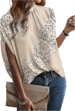 GORGLITTER Women's Casual Tie Back Dolman Sleeve Mock Neck Blouse Graphic Asymmetrical Tops