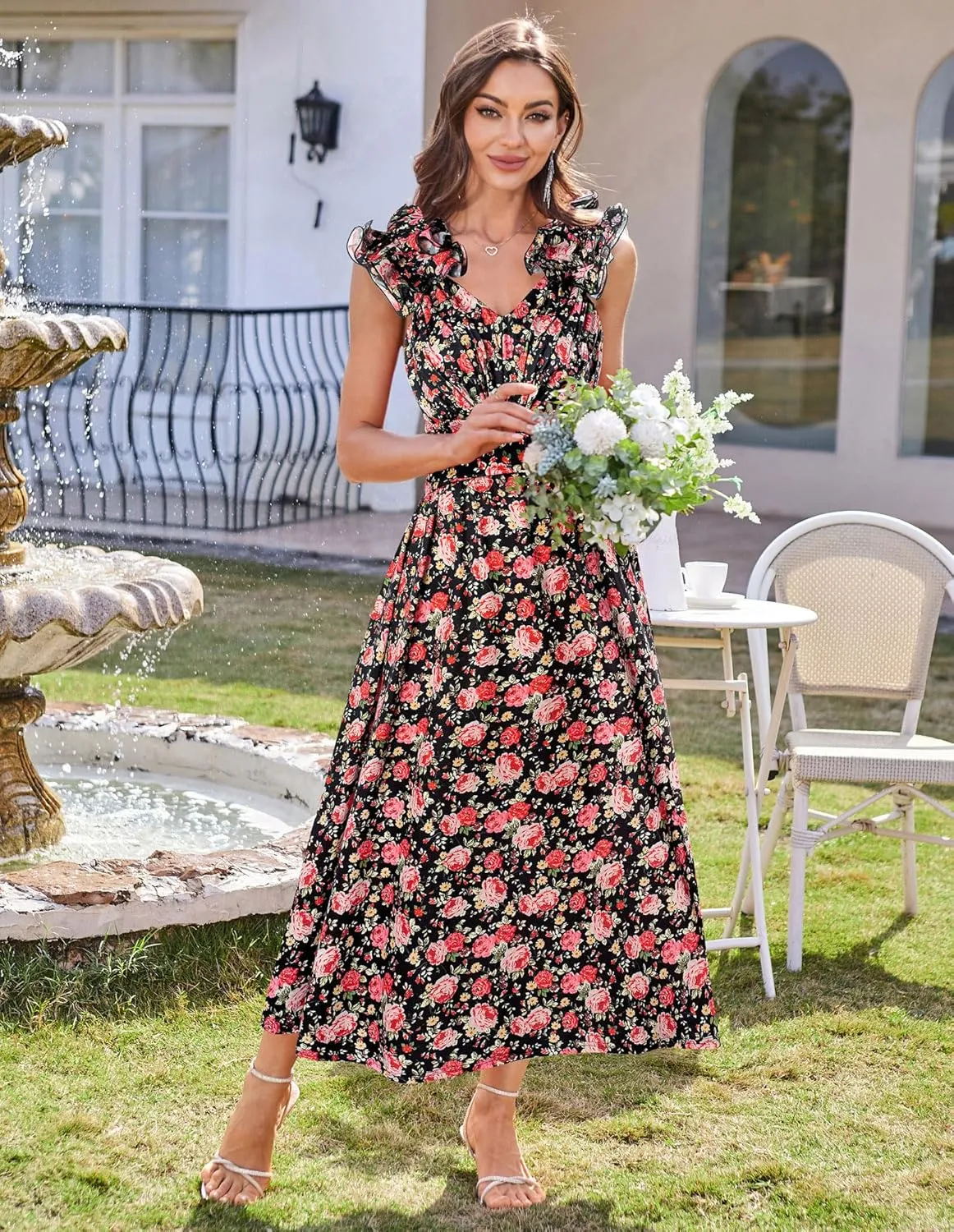 GRACE KARIN 2025 Women's Summer Floral Print Dress Sleeveless Casual Flowy Sundress A Line Ruffle Wedding Guest Outfit
