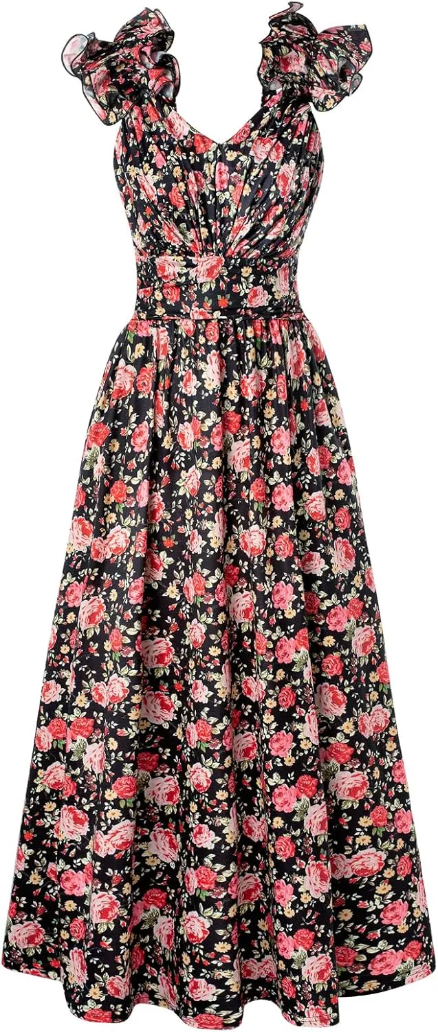 GRACE KARIN 2025 Women's Summer Floral Print Dress Sleeveless Casual Flowy Sundress A Line Ruffle Wedding Guest Outfit