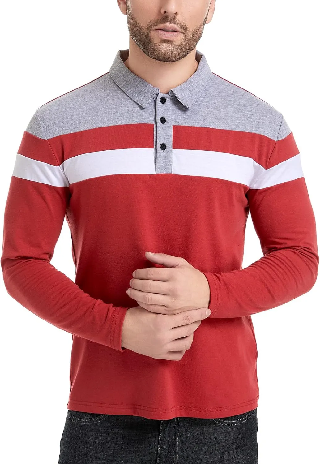 MANSDOUR Men's Polo Shirts Casual Cotton Slim Fit Long Sleeve and Short Sleeve Polo Shirt Patchwork Collared Work Golf Shirt