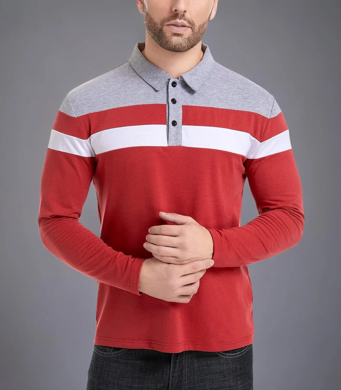 MANSDOUR Men's Polo Shirts Casual Cotton Slim Fit Long Sleeve and Short Sleeve Polo Shirt Patchwork Collared Work Golf Shirt
