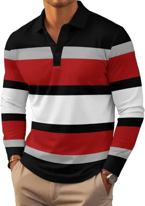 Mens Fashion Long Sleeve Polo Shirts Casual Golf Shirts Color Block Cotton Top