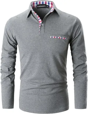 Mens Polo Shirts Long Sleeve Casual Plaid Collar Golf Shirt for Men Slim Fit Cotton Polo T Shirts Top
