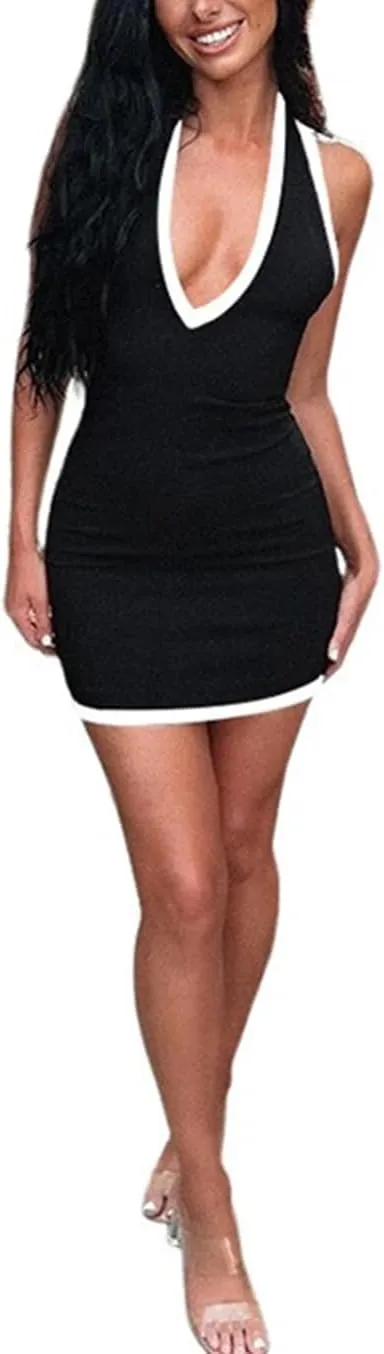 Mini Dress Halter Neck Sleeveless Slim Fit Wrap Dress Deep V Neck Backless Casual Sundress Sexy Vacation Beach Dress