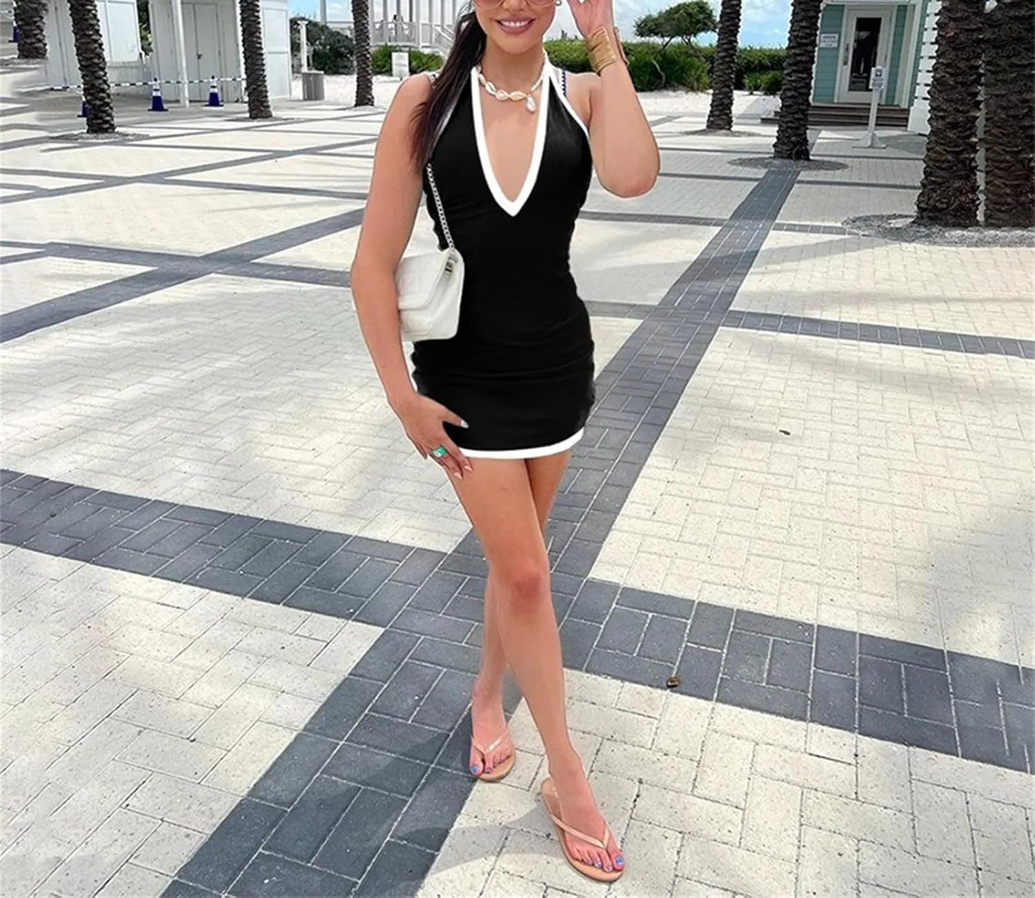 Mini Dress Halter Neck Sleeveless Slim Fit Wrap Dress Deep V Neck Backless Casual Sundress Sexy Vacation Beach Dress