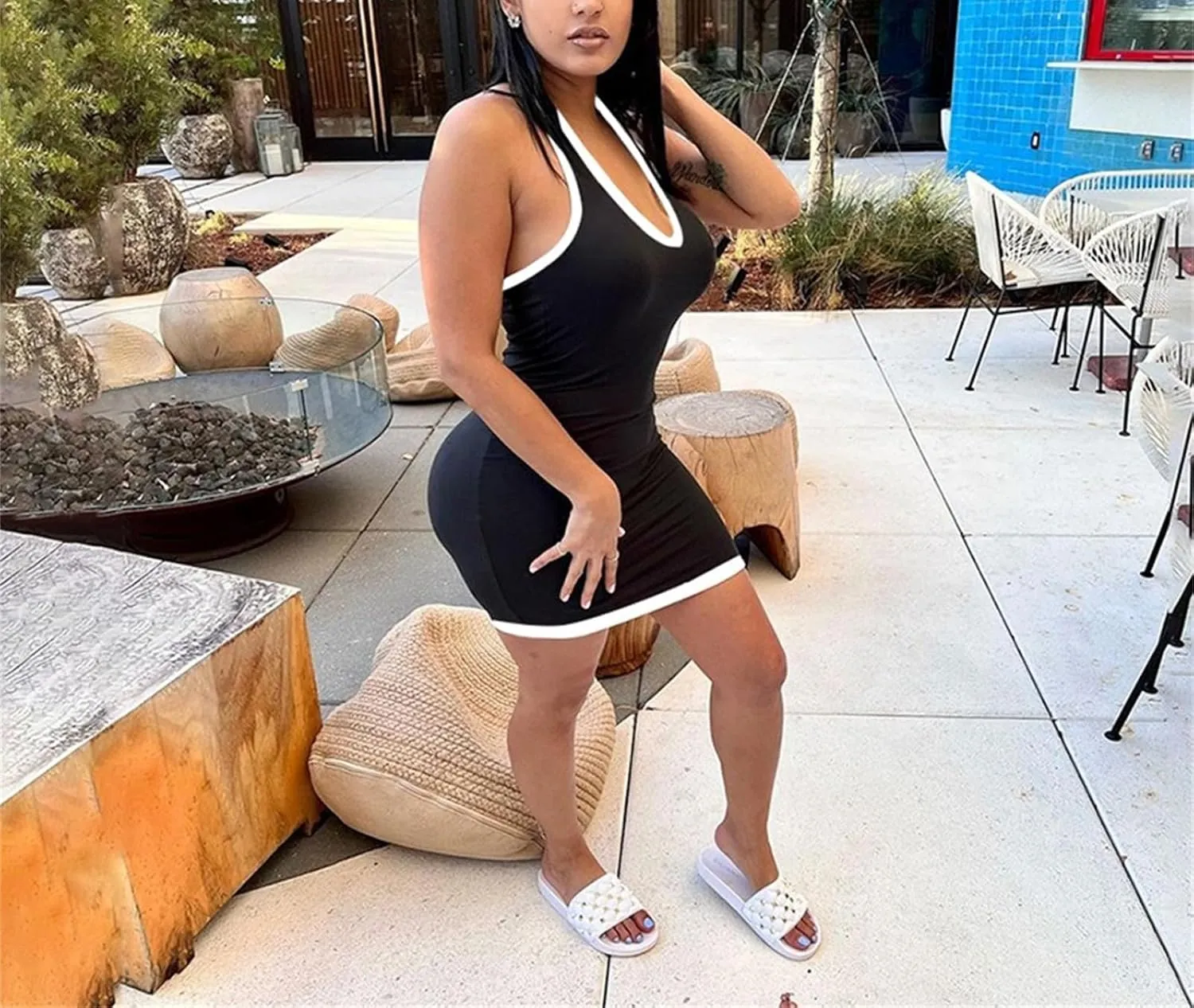 Mini Dress Halter Neck Sleeveless Slim Fit Wrap Dress Deep V Neck Backless Casual Sundress Sexy Vacation Beach Dress