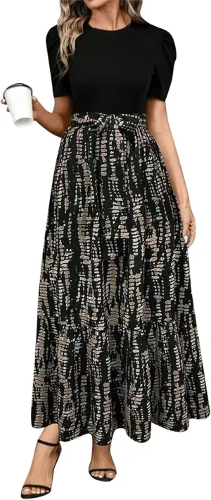 Summer Dresses for Women Empire Waist Tie Tiered Garden Party Dress Short Sleeve Floral Printed Beach Boho Dress