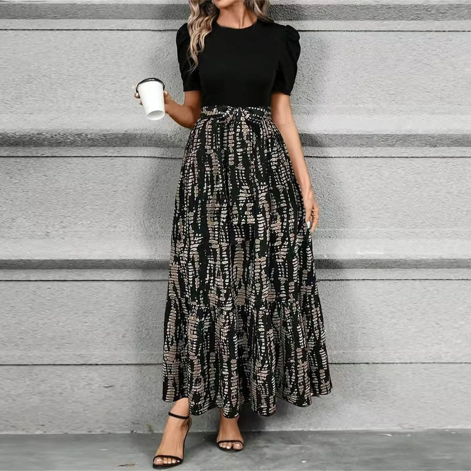 Summer Dresses for Women Empire Waist Tie Tiered Garden Party Dress Short Sleeve Floral Printed Beach Boho Dress