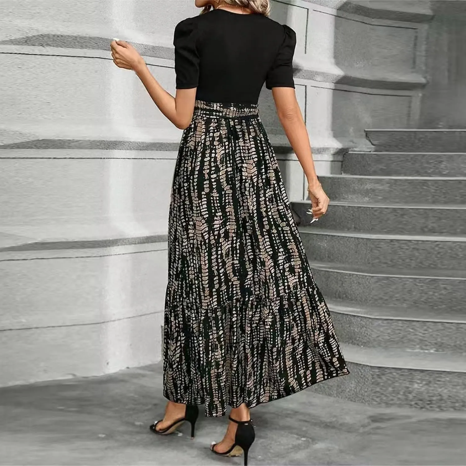 Summer Dresses for Women Empire Waist Tie Tiered Garden Party Dress Short Sleeve Floral Printed Beach Boho Dress