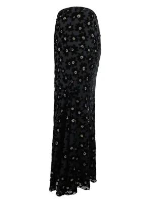 Vintage 90s Silk Blend Chic Formal Black Floral Burnout Velvet Floor Length Skater Circle Maxi Skirt | Size M