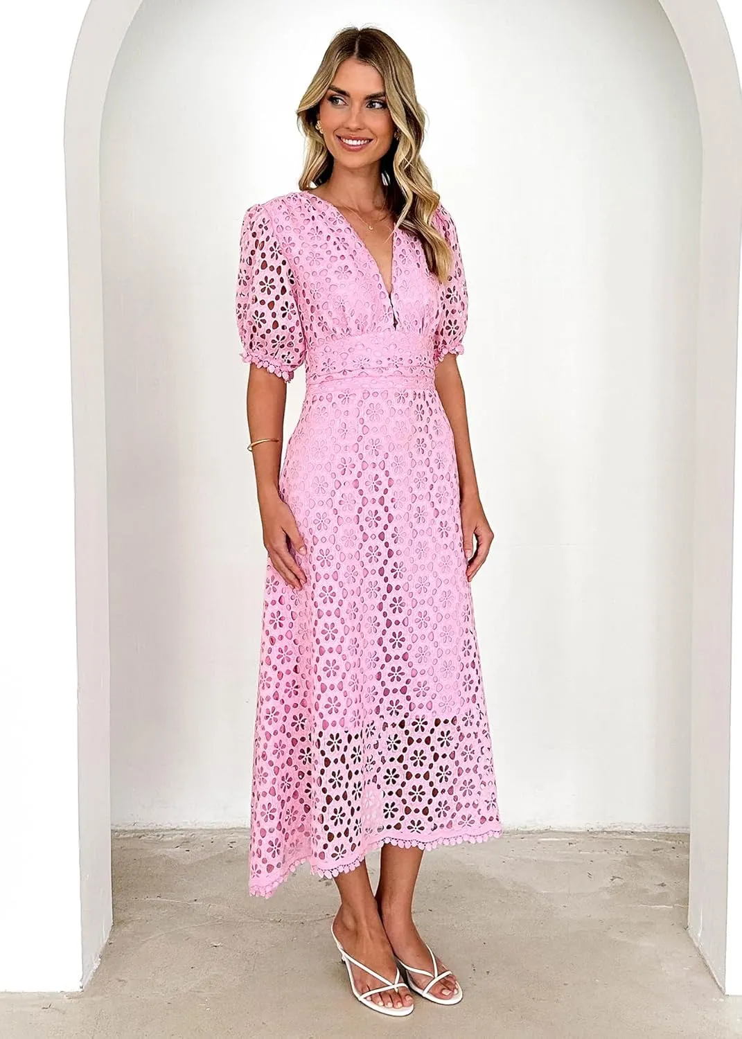 Womens 2025 Summer Maxi Dress Short Sleeve V Neck Hollow Out Eyelet A Line Long Flowy Beach Vacation Dresses