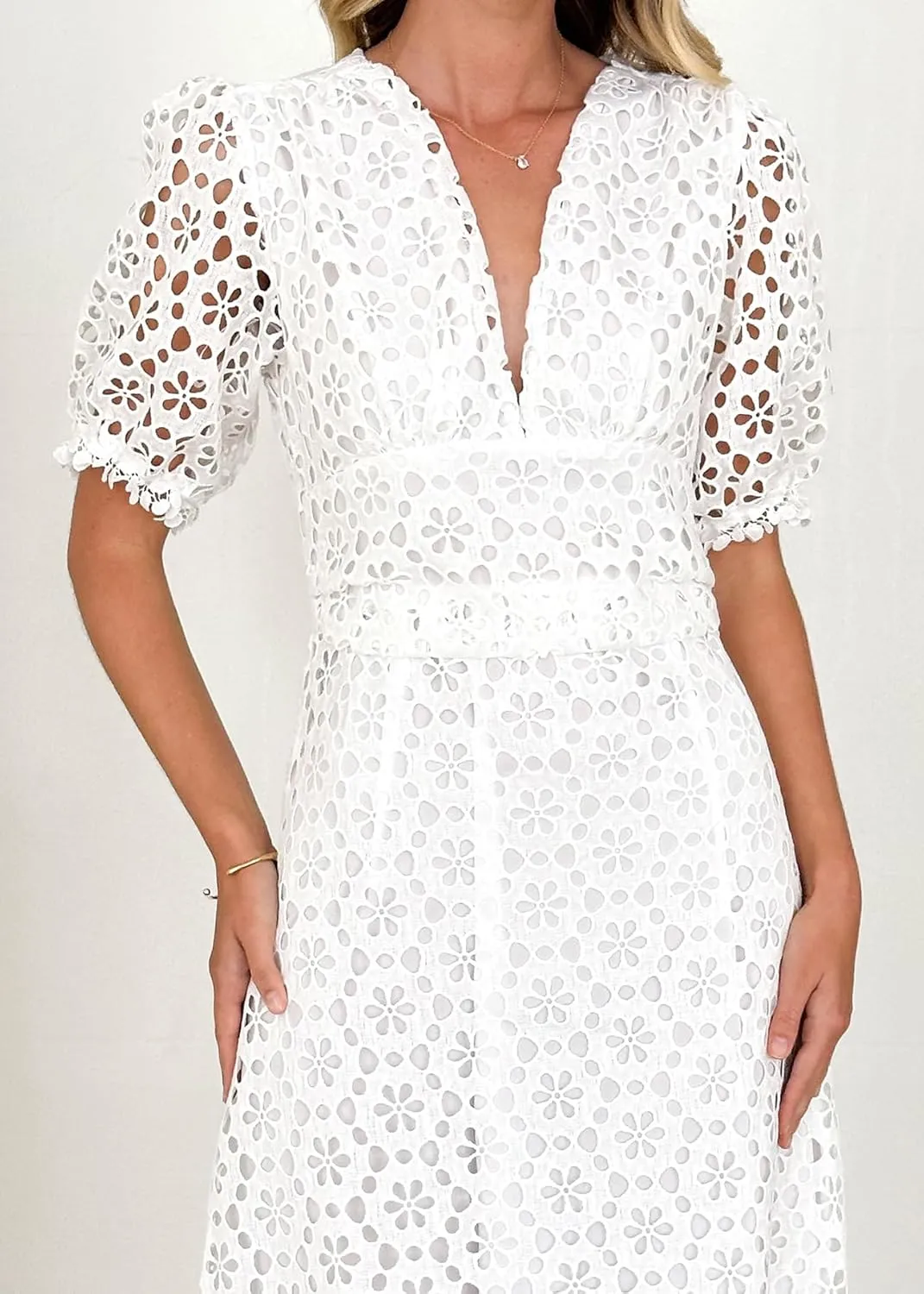 Womens 2025 Summer Maxi Dress Short Sleeve V Neck Hollow Out Eyelet A Line Long Flowy Beach Vacation Dresses