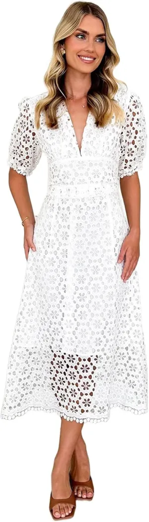 Womens 2025 Summer Maxi Dress Short Sleeve V Neck Hollow Out Eyelet A Line Long Flowy Beach Vacation Dresses