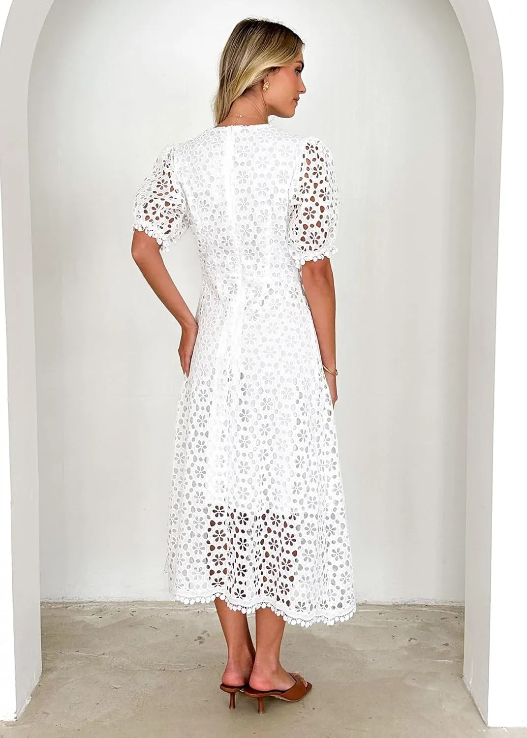 Womens 2025 Summer Maxi Dress Short Sleeve V Neck Hollow Out Eyelet A Line Long Flowy Beach Vacation Dresses