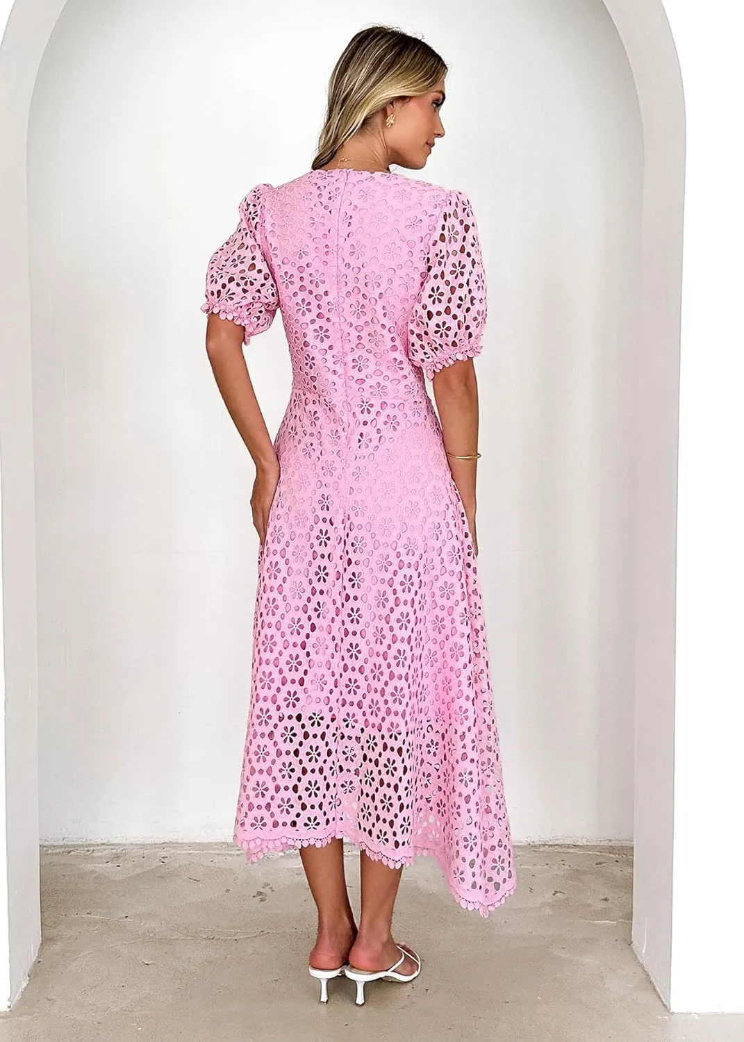 Womens 2025 Summer Maxi Dress Short Sleeve V Neck Hollow Out Eyelet A Line Long Flowy Beach Vacation Dresses
