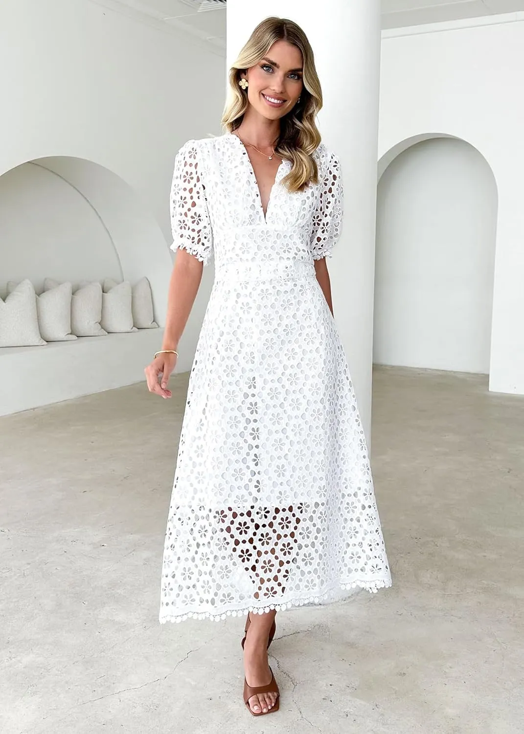 Womens 2025 Summer Maxi Dress Short Sleeve V Neck Hollow Out Eyelet A Line Long Flowy Beach Vacation Dresses