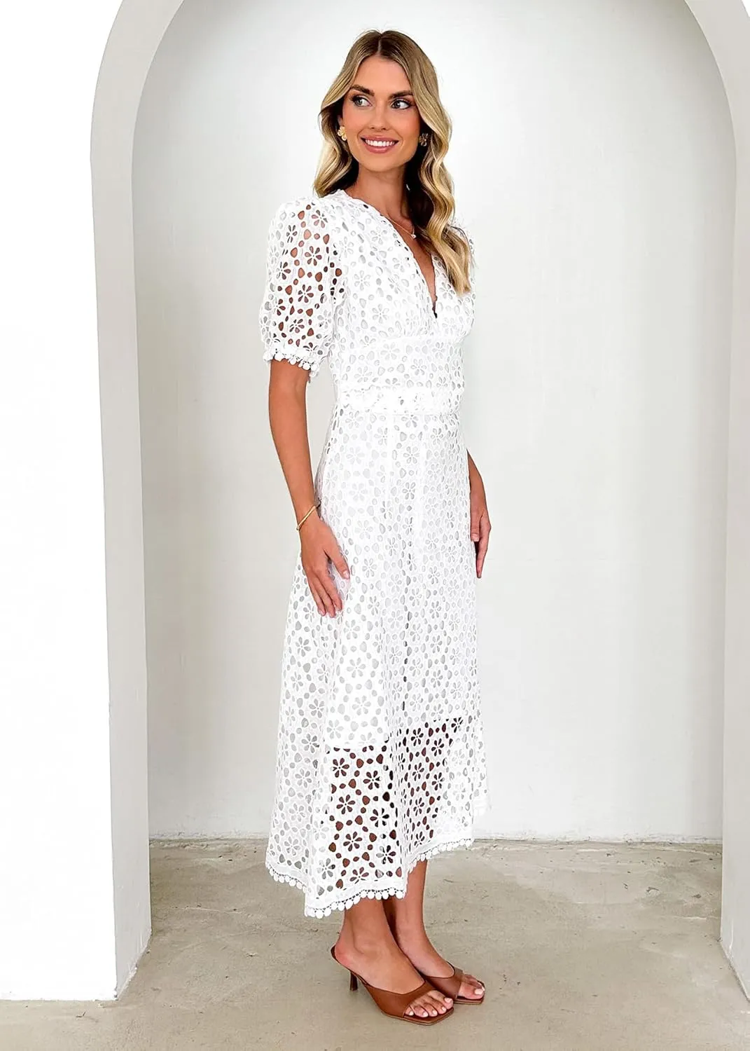 Womens 2025 Summer Maxi Dress Short Sleeve V Neck Hollow Out Eyelet A Line Long Flowy Beach Vacation Dresses