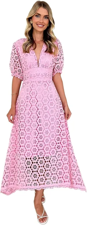 Womens 2025 Summer Maxi Dress Short Sleeve V Neck Hollow Out Eyelet A Line Long Flowy Beach Vacation Dresses