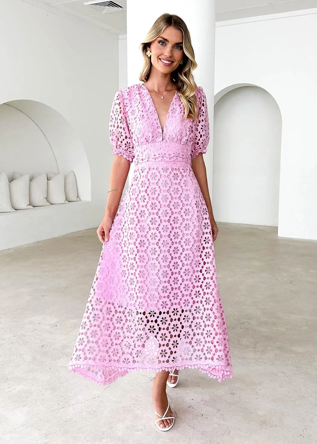 Womens 2025 Summer Maxi Dress Short Sleeve V Neck Hollow Out Eyelet A Line Long Flowy Beach Vacation Dresses