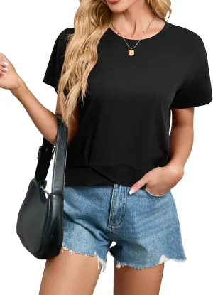 Women's Short Sleeve Cropped T Shirts Casual Boxy Workout Crop Tops Summer Loose Fit Solid Basic Tees
