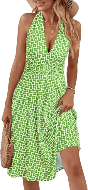 Women's Summer Sundress Sleeveless Halter Neck Spring 2025 Floral with Pocket Elastic Waist Ruffle Mini Dresses