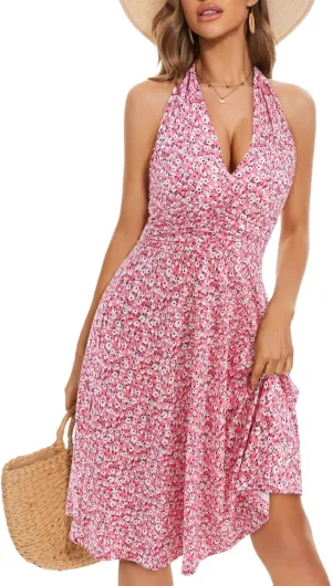 Women's Summer Sundress Sleeveless Halter Neck Spring 2025 Floral with Pocket Elastic Waist Ruffle Mini Dresses