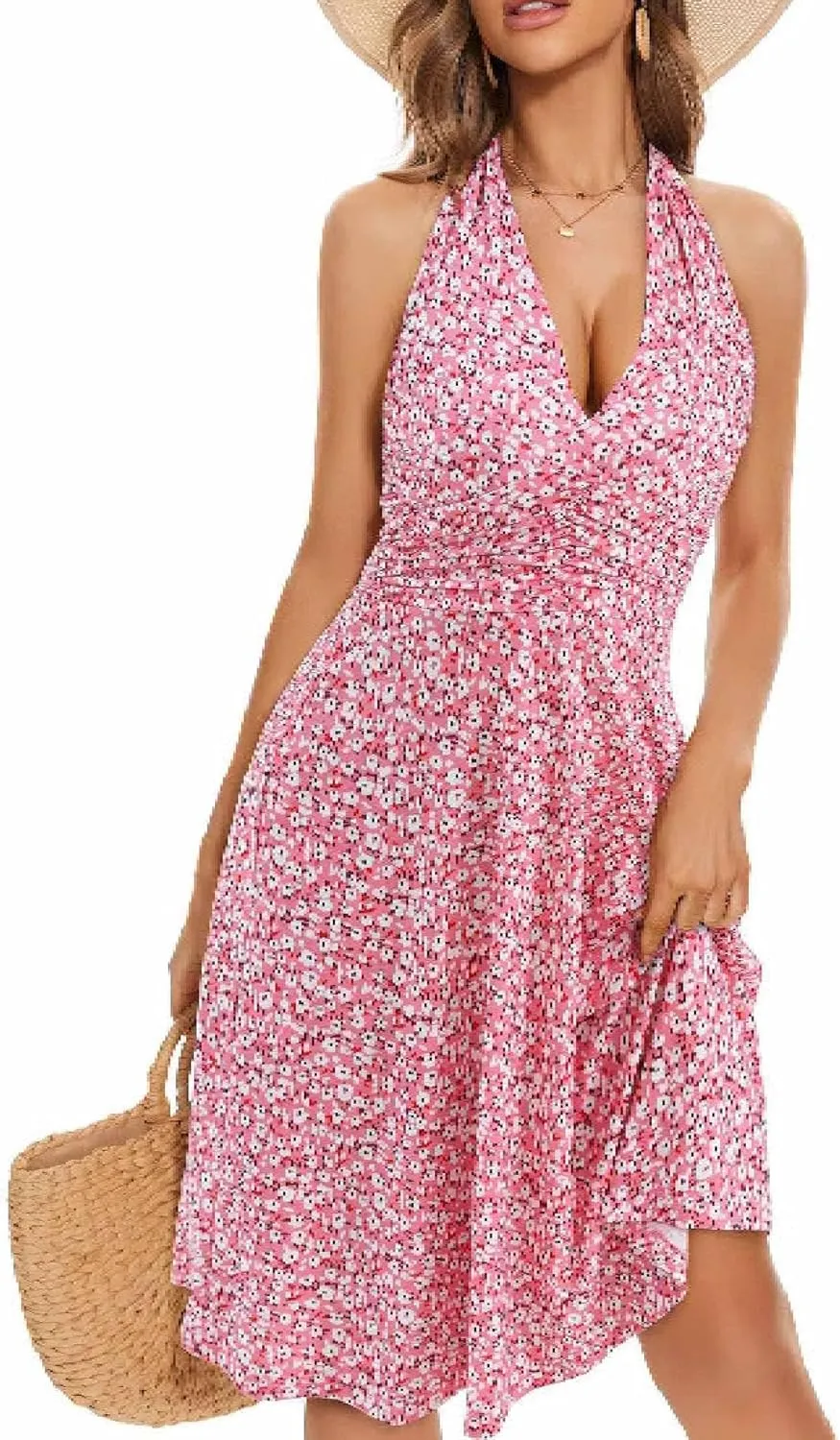 Women's Summer Sundress Sleeveless Halter Neck Spring 2025 Floral with Pocket Elastic Waist Ruffle Mini Dresses