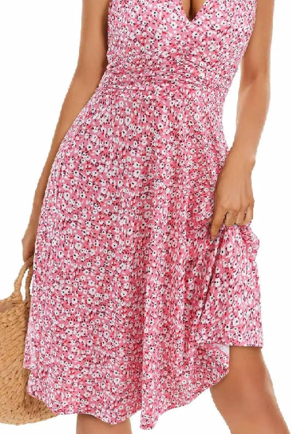 Women's Summer Sundress Sleeveless Halter Neck Spring 2025 Floral with Pocket Elastic Waist Ruffle Mini Dresses