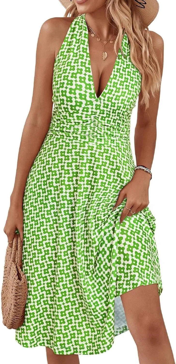 Women's Summer Sundress Sleeveless Halter Neck Spring 2025 Floral with Pocket Elastic Waist Ruffle Mini Dresses
